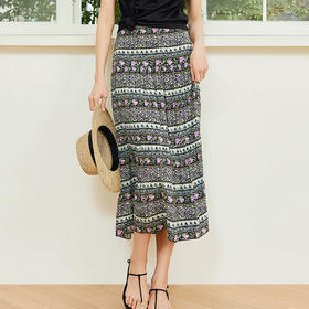 玳莎印花长款真丝半裙2024夏季新款高腰显瘦轻薄休闲度假风蛋糕裙  EB34307