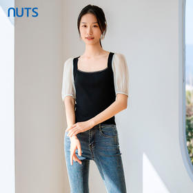 NUTS夏季时尚方领黑白撞色显瘦百搭短袖套头衫421052198