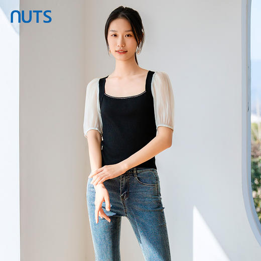 NUTS夏季时尚方领黑白撞色显瘦百搭短袖套头衫421052198 商品图0