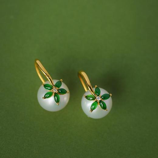 龢盒原创 勿忘我18k金镶翡翠珍珠耳钉 商品图3