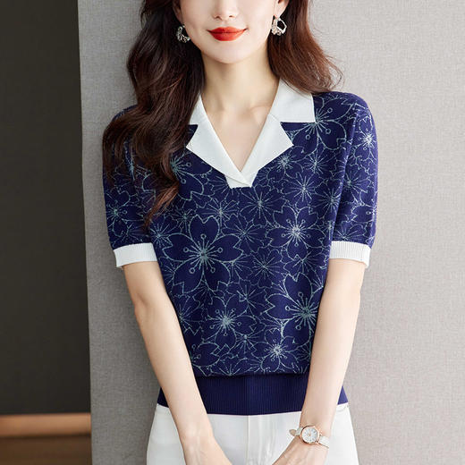 CCpolo衫短袖t恤女2024新款妈妈夏装大码提花上衣薄款冰丝针织衫 商品图0