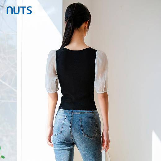 NUTS夏季时尚方领黑白撞色显瘦百搭短袖套头衫421052198 商品图4