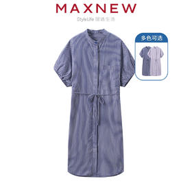 【裙装】 女装亲肤透气棉感条纹简约廓形花苞袖H版连衣裙 1N2225313