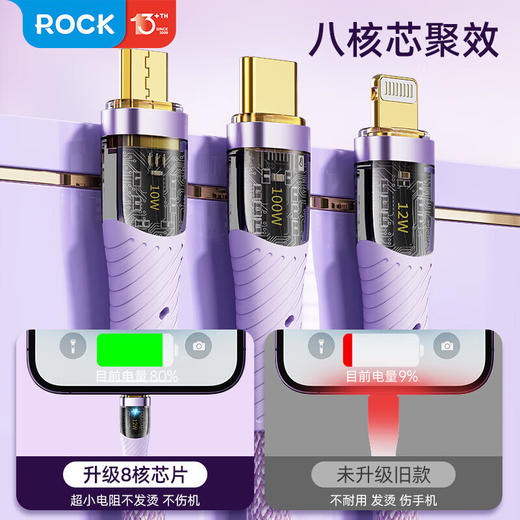 ROCK一拖三透明快充数据线1.5m RCB0833 商品图1