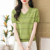 CC天丝针织衫薄款v领短袖t恤女士洋气妈妈夏装2024新款条纹冰丝上衣 商品缩略图1