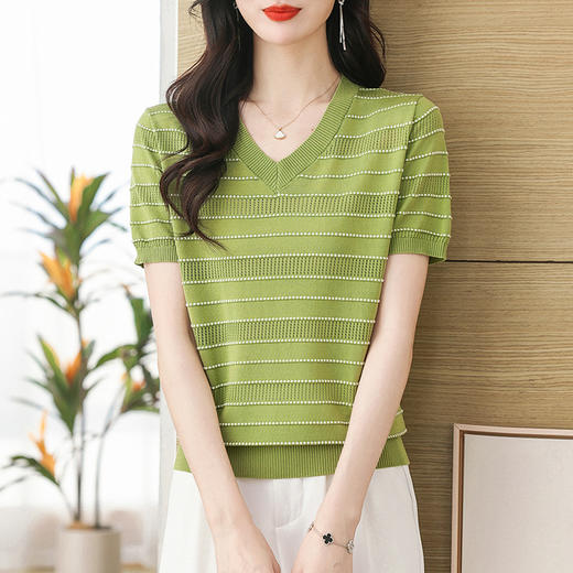 CC天丝针织衫薄款v领短袖t恤女士洋气妈妈夏装2024新款条纹冰丝上衣 商品图1