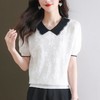 CC28-1201法式娃娃领短袖t恤女夏2024新款冰丝拼色百搭宽松针织衫洋气上衣 商品缩略图3