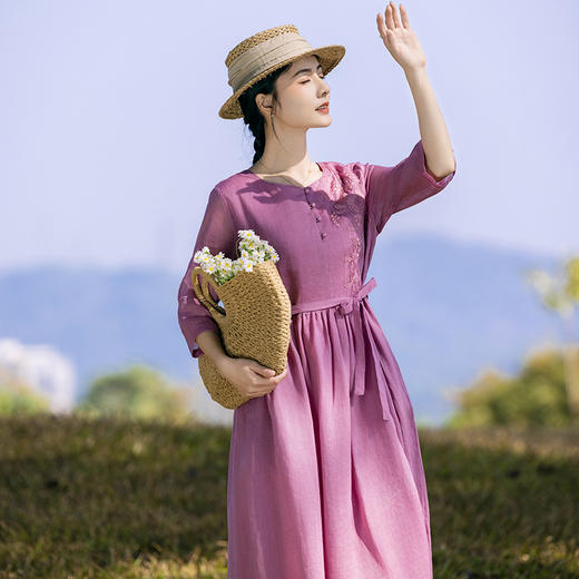 新中式棉麻苎麻连衣裙，立领国风复古改良旗袍TT96220 商品图0