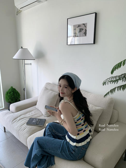 Read Nameless/彩色格子吊带+韩国版大喇叭牛仔裤 商品图7