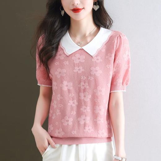 CC28-1201法式娃娃领短袖t恤女夏2024新款冰丝拼色百搭宽松针织衫洋气上衣 商品图2