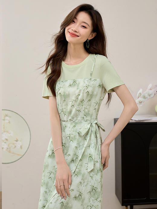 【专属特价】熙世界薄荷曼波绿色碎花假两件连衣裙法式气质收腰妈妈裙子夏季女 商品图2