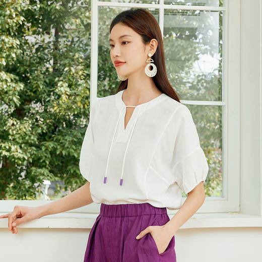 玳莎砂洗电力纺绳带V领小衫女2024年夏季新款100%桑蚕丝上衣衬衫  EB31104 商品图1