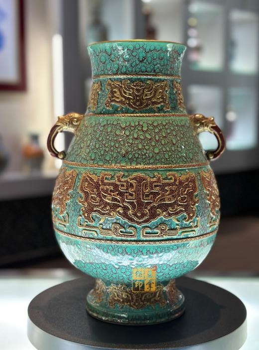 荤炉钧釉双耳描金雕刻高足福筒瓶 商品图0