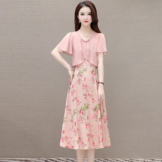 中长款假两件碎花时尚雪纺裙，荷叶袖修身气质国风连衣裙QYM- OMS-FQA426-L 商品图0