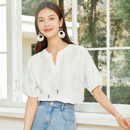 玳莎砂洗电力纺绳带V领小衫女2024年夏季新款100%桑蚕丝上衣衬衫  EB31104 商品图0