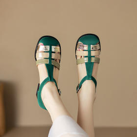 【预售5天】高跟时尚搭扣拼色女鞋2024夏新款粗跟包头羊皮气质罗马鞋SY&GY1186-1