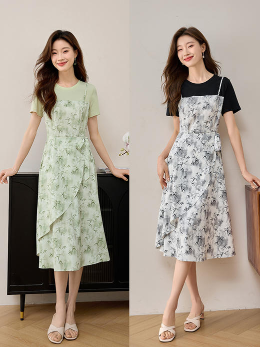 【专属特价】熙世界薄荷曼波绿色碎花假两件连衣裙法式气质收腰妈妈裙子夏季女 商品图4