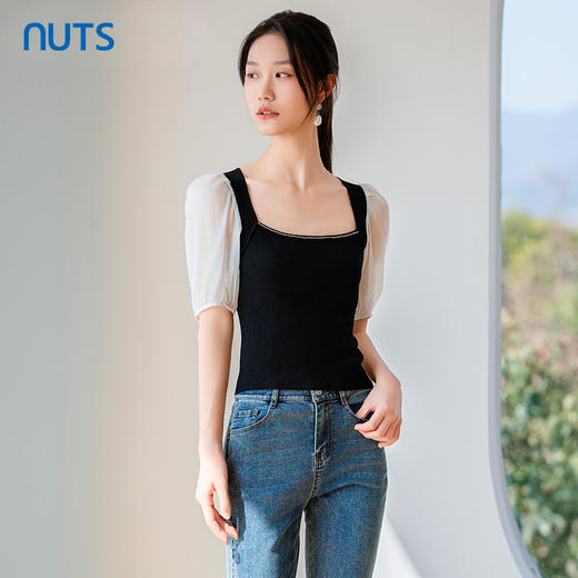 NUTS夏季时尚方领黑白撞色显瘦百搭短袖套头衫421052198 商品图1