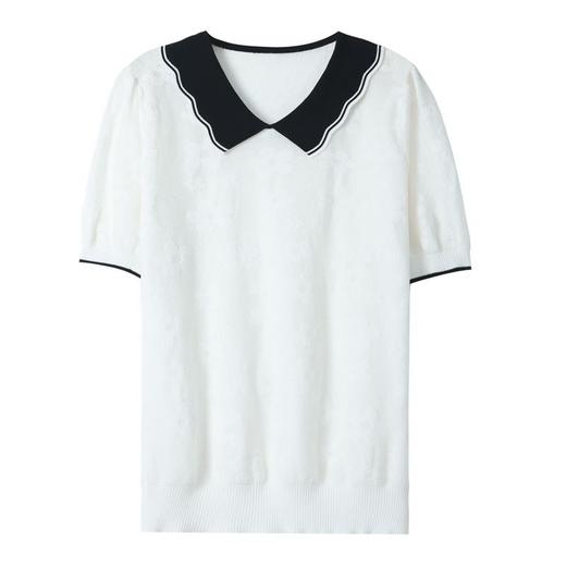 CC28-1201法式娃娃领短袖t恤女夏2024新款冰丝拼色百搭宽松针织衫洋气上衣 商品图4