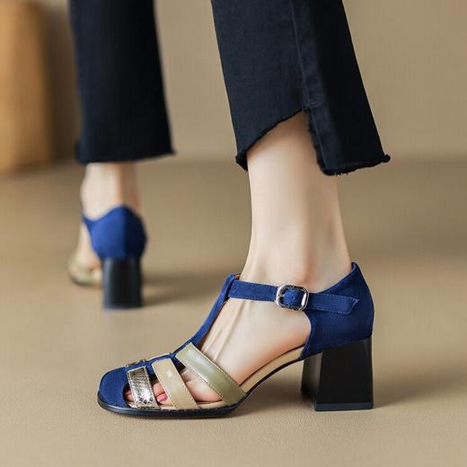 【预售5天】高跟时尚搭扣拼色女鞋2024夏新款粗跟包头羊皮气质罗马鞋SY&GY1186-1 商品图2
