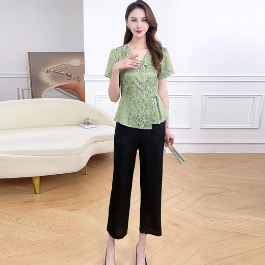 国风印花复古上衣+直筒长款裤子两件套QYM-LRX-322445-Y 商品图0