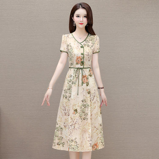 QYM 92663-Y印花连衣裙系带收腰中长裙 商品图1