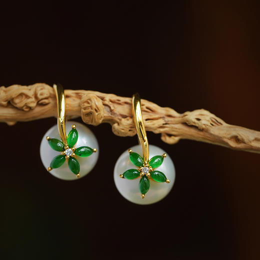 龢盒原创 勿忘我18k金镶翡翠珍珠耳钉 商品图0