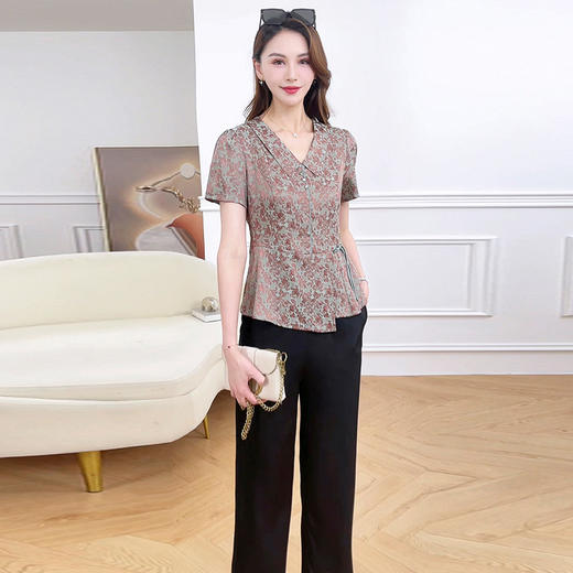 国风印花复古上衣+直筒长款裤子两件套QYM-LRX-322445-Y 商品图2