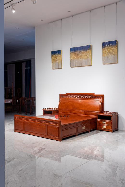 红桥红  家具严选  缅甸花梨（大果紫檀）【180 曲尺弯背素面 高低床 三件套】 商品图0