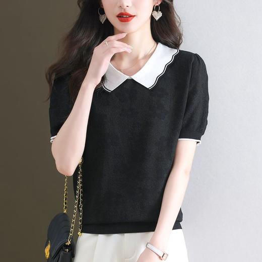 CC28-1201法式娃娃领短袖t恤女夏2024新款冰丝拼色百搭宽松针织衫洋气上衣 商品图1