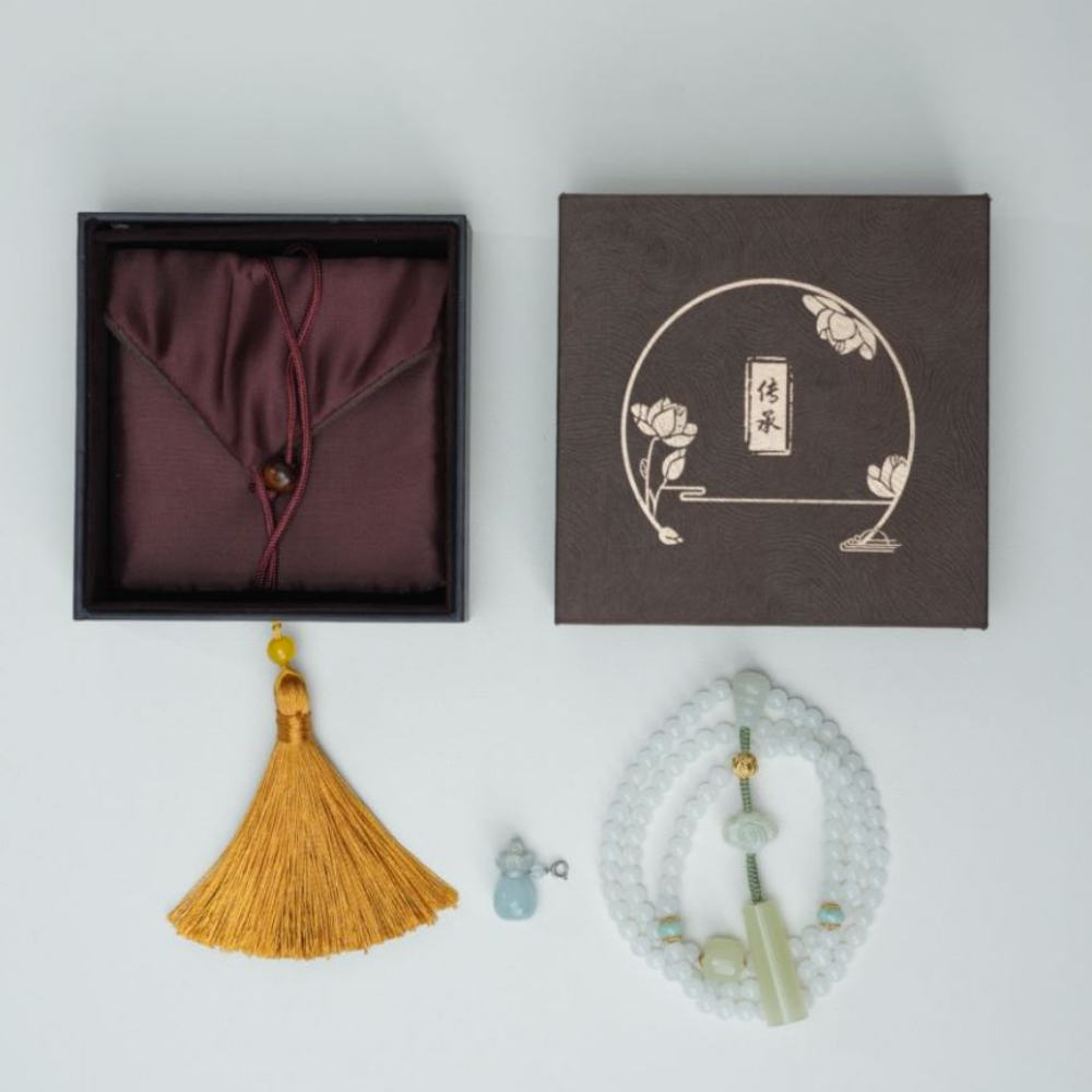 和田玉香氛项链(108颗念珠+翡翠2颗+黄玉1颗+海蓝宝香氛葫芦瓶)手链毛衣链精油香氛