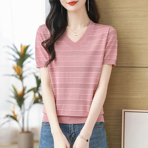 CC天丝针织衫薄款v领短袖t恤女士洋气妈妈夏装2024新款条纹冰丝上衣 商品图0