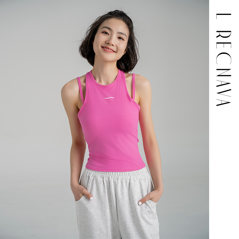 【螺纹肌理】带胸垫一体杯背心假两件运动无袖上衣