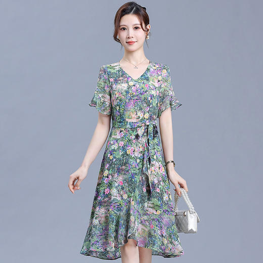 时尚不对称鱼尾裙，中长款印花连衣裙QYM-KED-6459-Y 商品图0