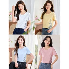 【专属特价】熙世界2025夏新款蝴蝶花卉绣花凉感T恤女短袖休闲独特圆领上衣
