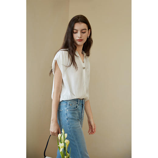 HeyDress一粒扣衬衫女夏季法式复古翻领落肩短袖衬衣通勤短款上衣 商品图3