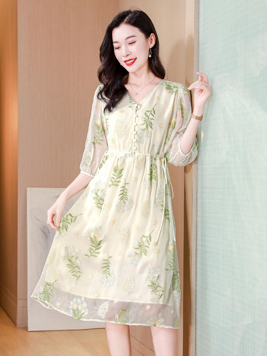 ASE2024夏季V领五分袖气质优雅真丝连衣裙 商品图4