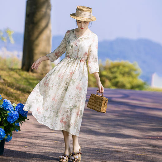 新中式棉麻苎麻连衣裙，V领国风复古改良旗袍TT96153 商品图3