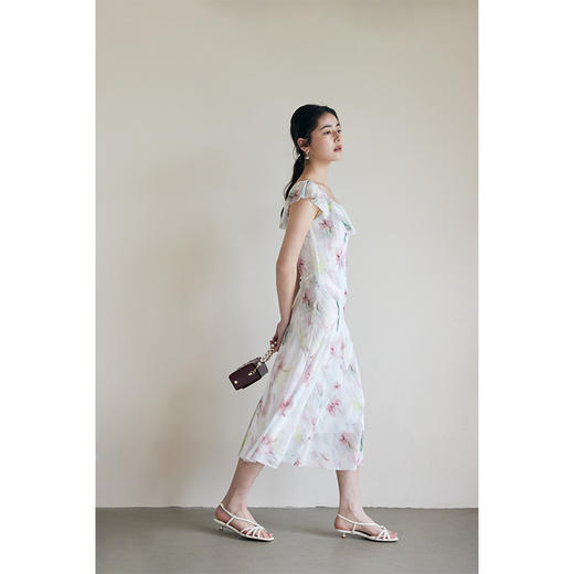 HeyDress荷叶领印花连衣裙女夏季法式U领修身弹力网纱浪漫裙子 商品图1