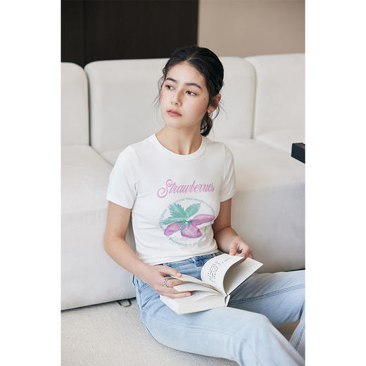 HeyDress草莓印花T恤女夏季圆领修身弹力半袖百搭辣妹短半袖上衣 商品图2