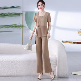 QYM A1825-Y时尚套装拼色雪纺裤上衣直筒裤两件套