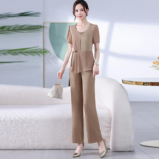 QYM A1825-Y时尚套装拼色雪纺裤上衣直筒裤两件套 商品图0