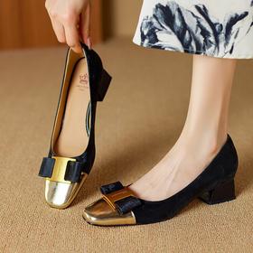 【预售5天】牛皮小香风粗跟单鞋，气质拼色方头浅口法式中跟高跟鞋SY&G843-88