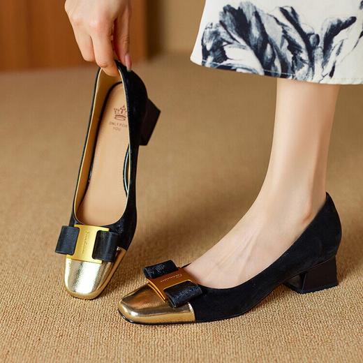 【预售5天】牛皮小香风粗跟单鞋，气质拼色方头浅口法式中跟高跟鞋SY&G843-88 商品图0
