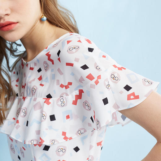 欧芮儿2019夏新款收腰短袖印花a字裙荷叶边连衣裙女中长款裙子 商品图2