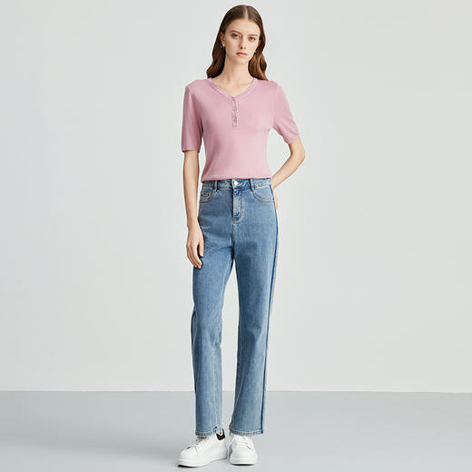 EITIE爱特爱夏季新款舒适轻薄莱赛尔蚕丝短袖V领纯色针织T恤B2401330 商品图5