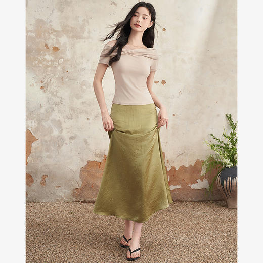 高级感气质不规则堆叠一字肩T恤女夏季扭结弹力短袖T恤V1441026 商品图1