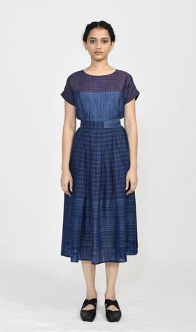 MAKU textiles｜丝棉箱褶条纹连衣裙(配腰带)