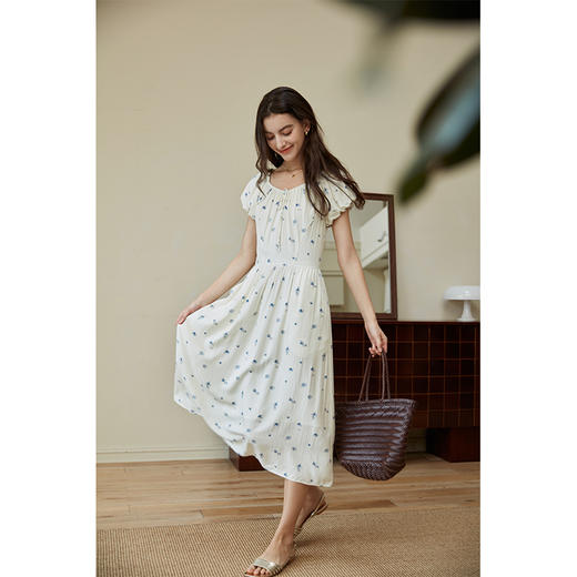 HeyDress蓝色印花连衣裙女夏季法式复古V领收腰设计泡泡袖裙子 商品图0