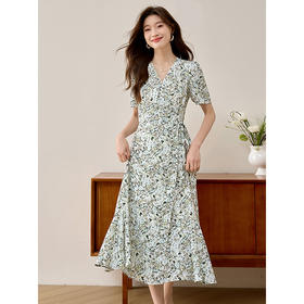 【专属特价】熙世界一片围裹式系带收腰气质碎花连衣裙夏季新款V领茶歇裙子